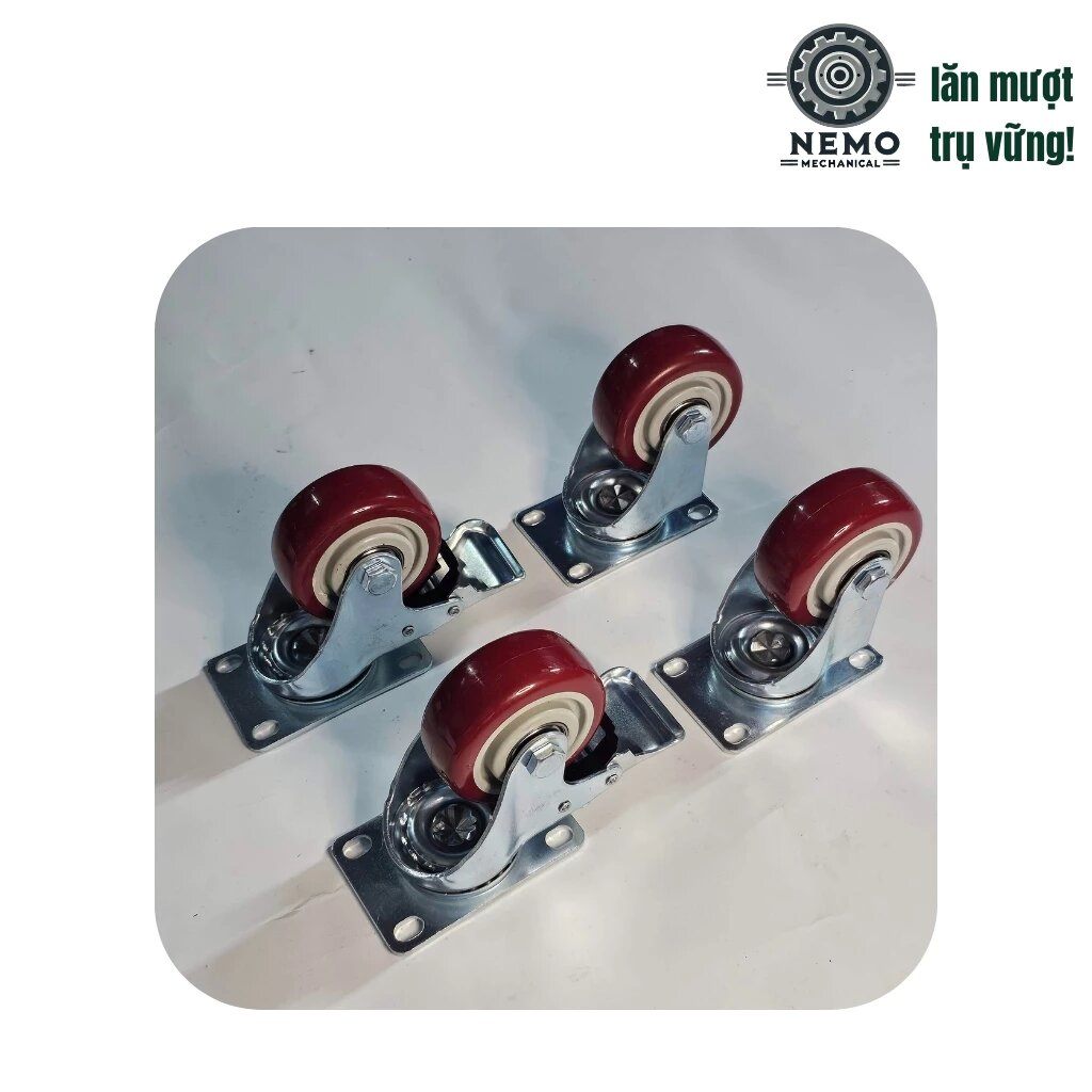 Bánh xe đẩy hàng PVC đỏ mận, mặt bích, có bạc đạn, đường kính 7cm, 10cm, 12cm, tải trọng 105-135kg